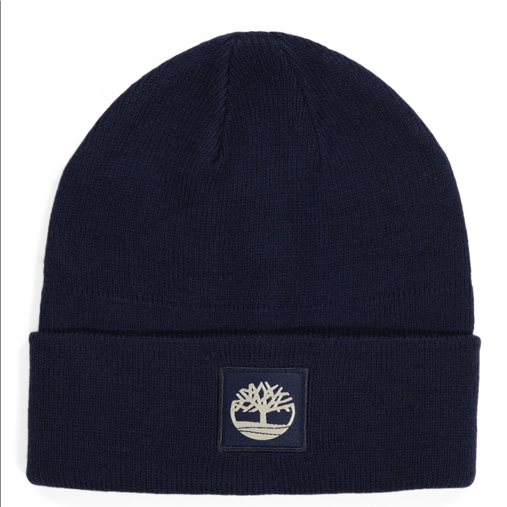 Timberland Navy Blue Cuffed Ribbed Knit Beanie with Tonal Logo Patch Unisex NWT